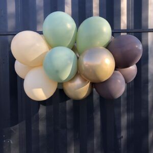 Ballonsky med eucalyptus grøn, guld, peach blush og fashion chocolate